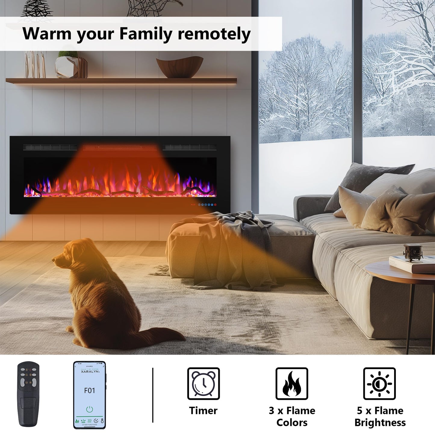 Valuxhome 72in Smart App Electric Fireplace,Recessed & Wall-Mount, Logset & Crystal,Decoration,Remote Control, 750/1500W,Black,Overheating Protection,62-86°F,Hard-Wire