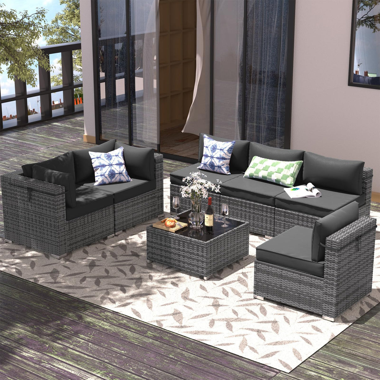 VONZOY Outdoor Patio Furniture Set 7 Pieces Sectional Rattan Sofa Set, PE Wicker Patio Conversation Set with 6 Seat Cushions and 1 Tempered Glass Table and Furniture Cover, Black VONZOY