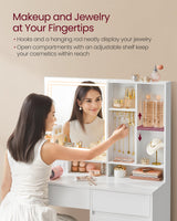 VASAGLE Vanity Desk with Mirror and Lights, Power Outlets, Vanity Table Set with Stool, Drawers, 35.4-Inch Wide Makeup Vanity, Jewelry Storage, Adjustable Shelves, for Bedroom, Cloud White URDT132W02 VASAGLE