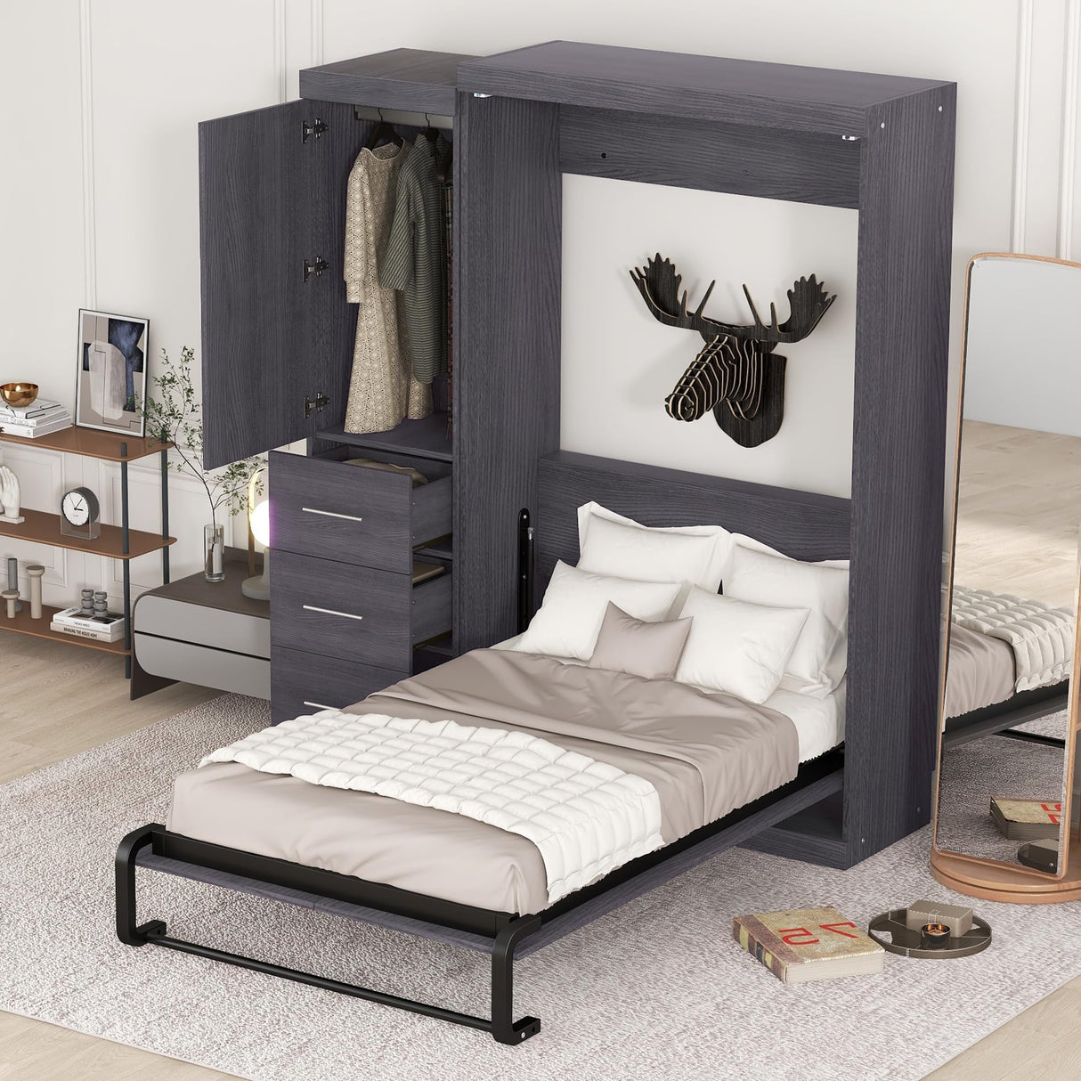 SOFTSEA Twin Size Murphy Bed, Farmhouse Wood Hidden Foldable Wall Bed Frame with Wardrobe and Storage Drawers, Can be Folded into a Cabinet, No Box Spring Needed, Grey SOFTSEA