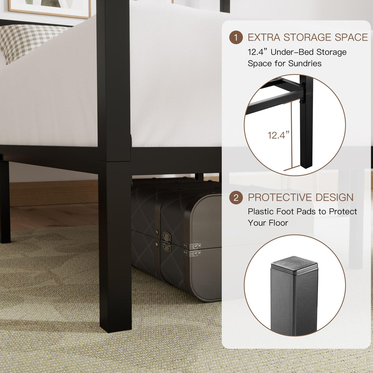 ikalido Queen Size Metal Canopy Bed Frame, Modern Four-Poster Platform Bed Frame, Mattress Foundation, Under-Bed Storage Space, No Box Spring Needed, Black ikalido