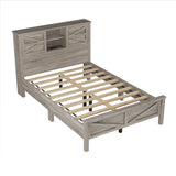 Farmhouse Full Size Bed Frame with Charging Station, Adjustable Headboard Shelves, and Sliding Barn Doors in Antique Gray Bellemave