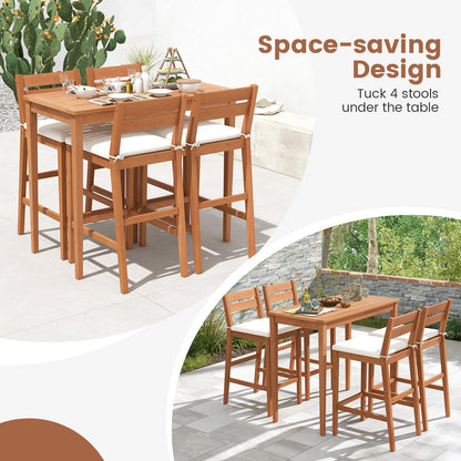 Tangkula Outdoor Eucalyptus Wood Bar Set with Cushions - 5-Piece Patio Bistro Dining Set