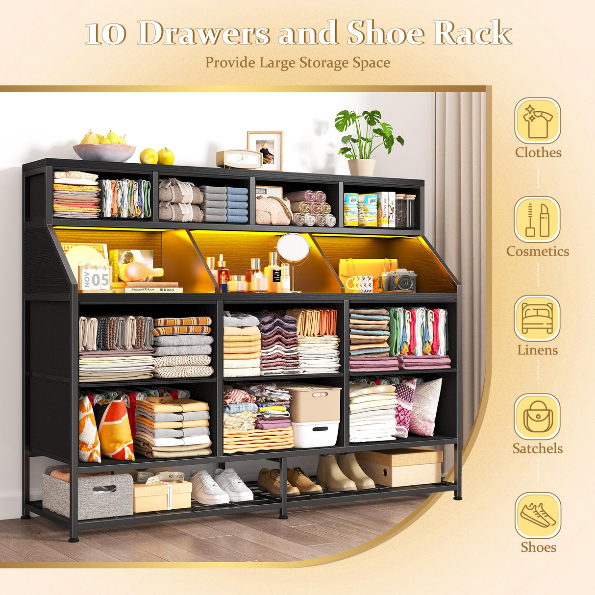 Dresser for Bedroom with 10 Drawers & Shoe Rack Fabric Dressers & Chests of Drawers with LED Lights and Power Outlets Bedroom Dresser for Entryway, Halfway, Closet (Charcoal Black) EnHomee