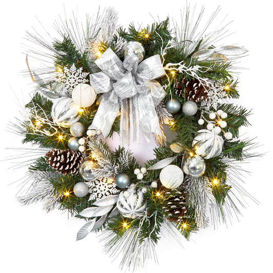 FairyLee Christmas Wreath for Front Door, 24 Inch Outdoor Christmas Wreath, Battery Operated Xmas Wreath with Silver White Ball Ornaments Bows and 20 LED Lights for Home Holiday Decor