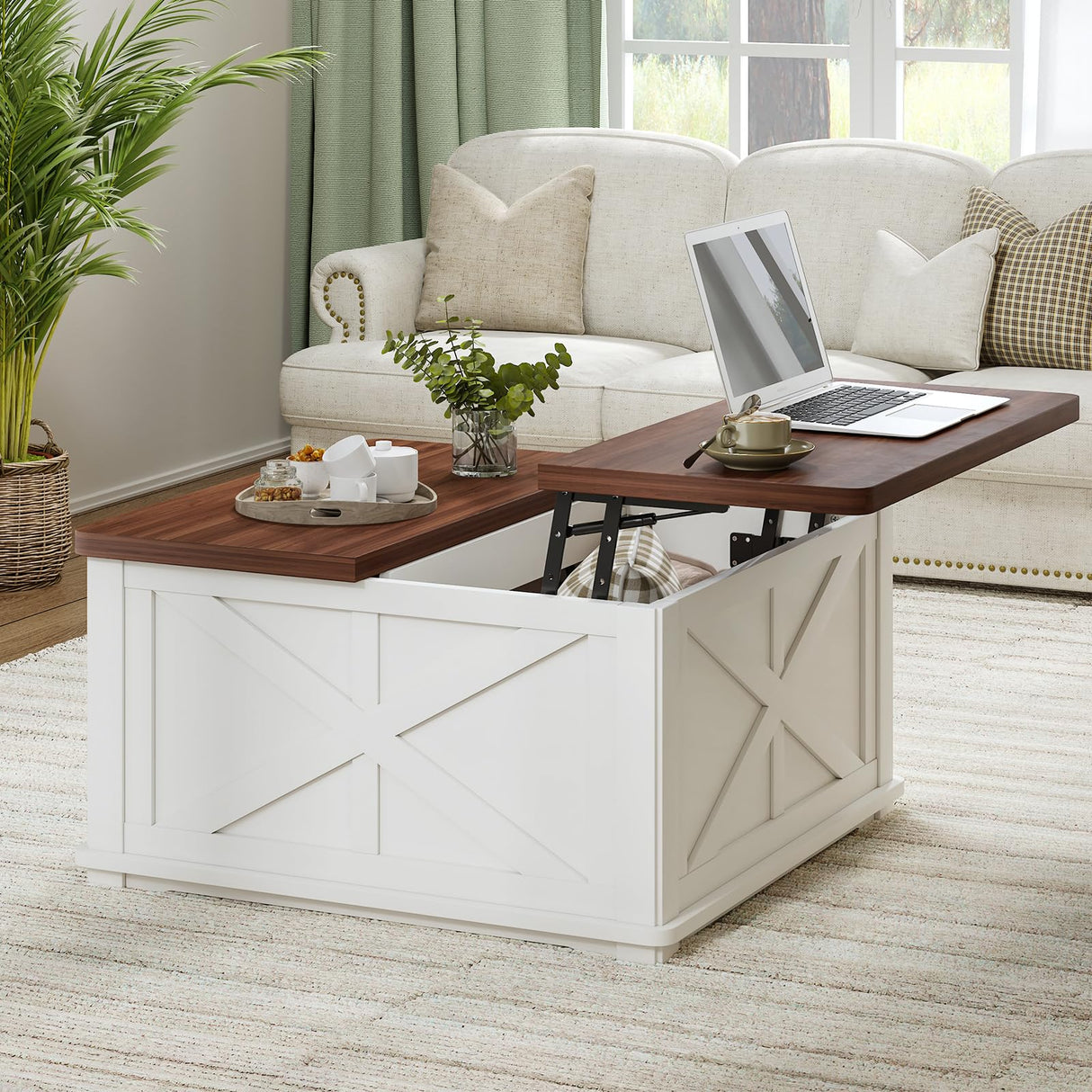 Airynee Farmhouse Coffee Table with Hydraulic Lifter, Square Coffee Table with Large Hidden Storage Compartment for Living Room, Wooden Coffee Tables with Brown Flip-Top Lids for Home Office, White Airynee