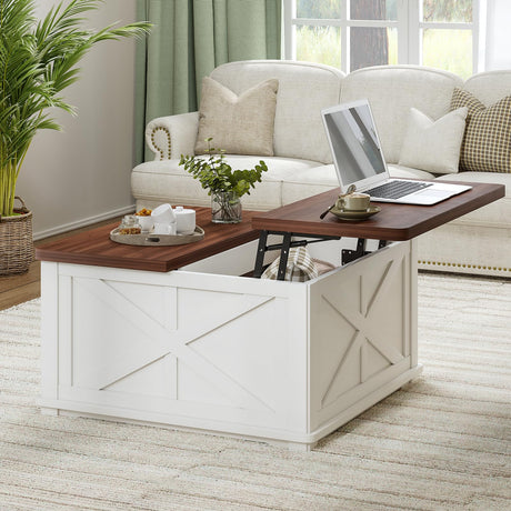 Airynee Farmhouse Coffee Table with Hydraulic Lifter, Square Coffee Table with Large Hidden Storage Compartment for Living Room, Wooden Coffee Tables with Brown Flip-Top Lids for Home Office, White Airynee