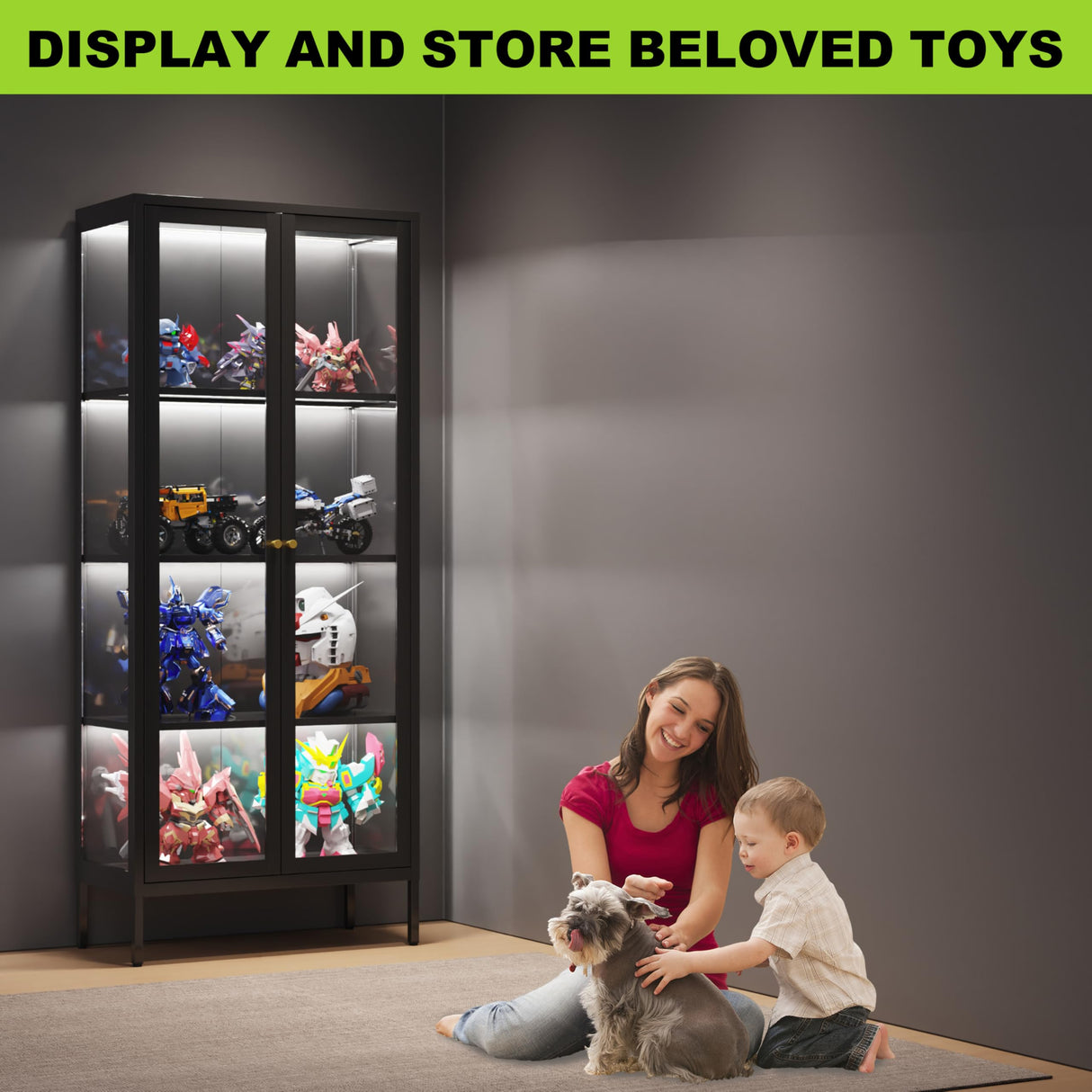 UNICOLY Display Cabinet with Glass Doors, Glass Display Cabinet with 3 Color LED Lights, Curio Display Cabinet with 3 Shelves for Living Room, Plant, Display Shelf, Assembly Required, Black UNICOLY