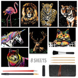 Scratch Art Paper(A4) for Kids & Adults, Rainbow Painting Night View Scratchboard, Art Craft, Crafts Set: 8 Sheets Scratch - Unicorn/Flamingo/Cat/Deer/Tiger/Leopard/Lion/Wolf & 6 Tools (Animal World) M MUGIT