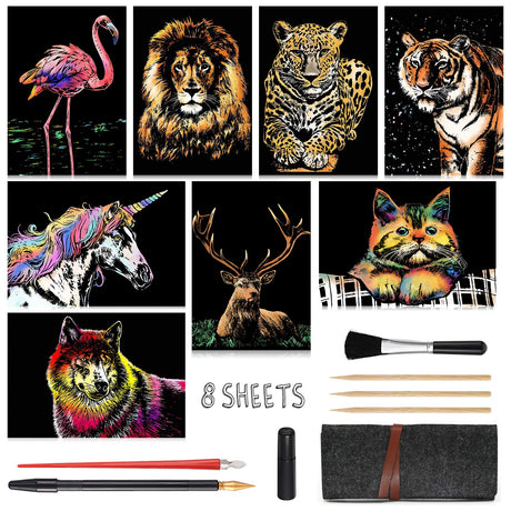 Scratch Art Paper(A4) for Kids & Adults, Rainbow Painting Night View Scratchboard, Art Craft, Crafts Set: 8 Sheets Scratch - Unicorn/Flamingo/Cat/Deer/Tiger/Leopard/Lion/Wolf & 6 Tools (Animal World) M MUGIT