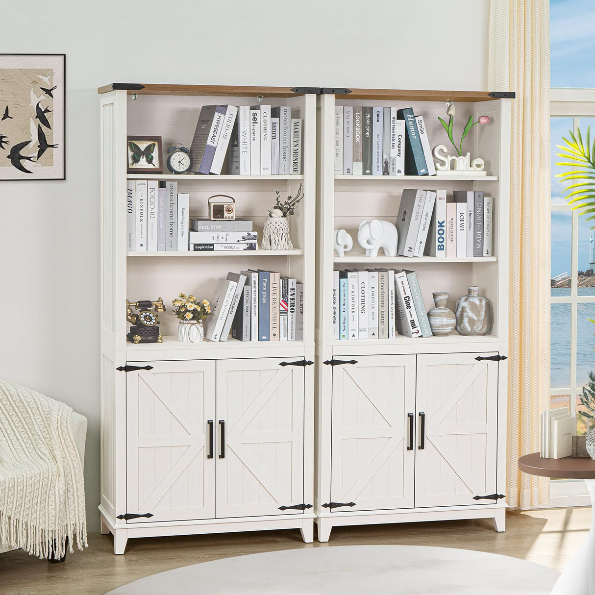 Joaxswe 5 Tier Bookshelf 70in Tall Bookcase with Barn Doors and Storage Cabinet, White Farmhouse Book Shelf with Adjustable Shelves, Wood Freestanding Display Bookshelves for Bedroom, Kitchen (2PCS) Joaxswe