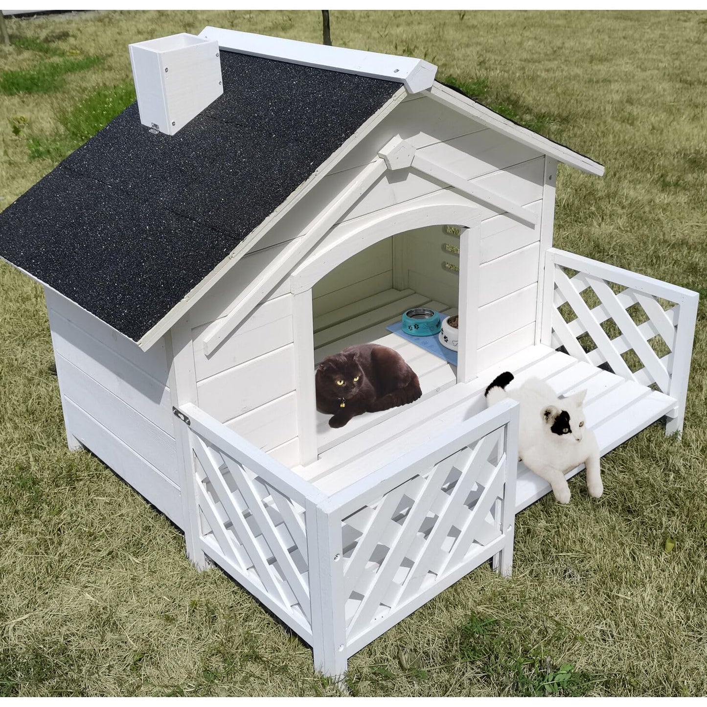 Critter Sitters 27'' Pet House with Porch, Weather-Resistant Dog House for Animals up to 44 Pounds, Waterproof Outdoor Dog House, Ideal for Cats, Dogs, and Rabbits, White Fir Wood Dog Houses