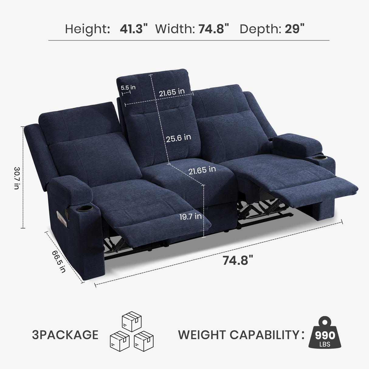 75'' Manual Reclining Sofa with Storage Drawer, 3 Seat Wall Hugger Recliner Couch with Cup Holders, Side Pockets, Chenille Fabric, Compact 3-Person Recliner for RV, Living Room, Apartment (Blue) LURVIA