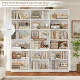 FACBOTALL 75" Triple Wide Bookshelf, White Bookshelf and Bookcase with 6 Farmhouse Doors, 71" Wide 6 Tier Book Shelf with 18 Storage Shelves, Large Wooden Bookshelves, Tall Bookcase for Office, White FACBOTALL