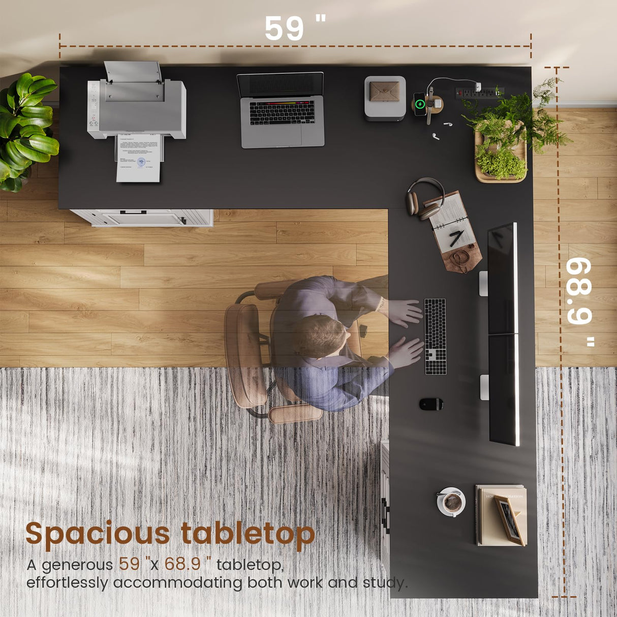 Itaar Farmhouse Executive L Shaped Desk, Home Office Desk with File Drawer and Power Outlet, Computer Corner Desk with Drawers and Storage Cabinet, Workstation for Office Home, White Itaar