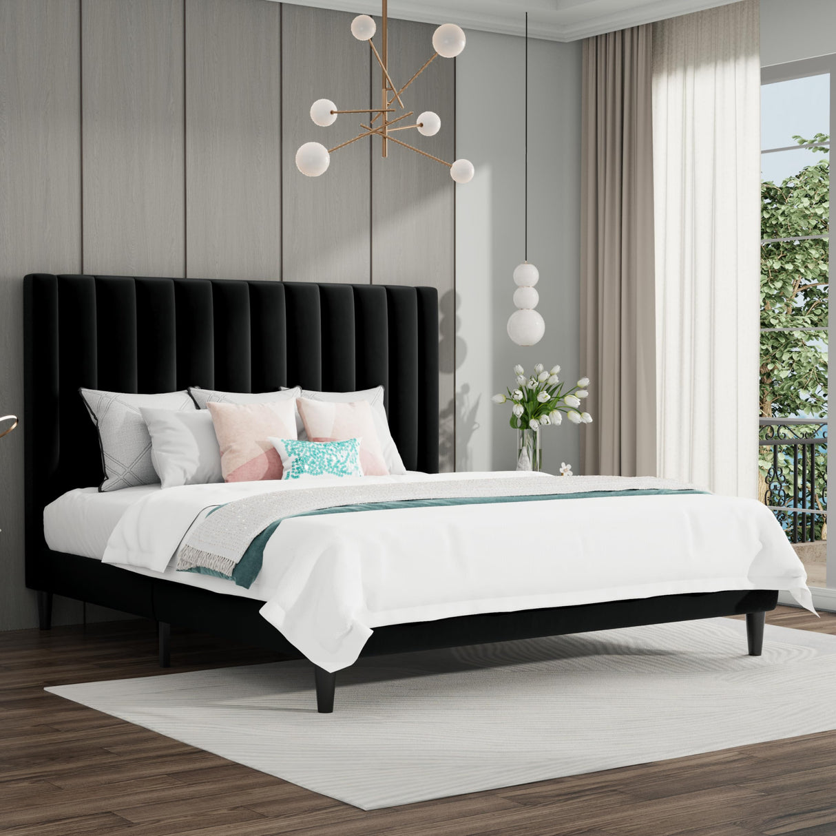 SHA CERLIN King Bed Frame/Velvet Upholstered Platform Bed Frame with Headboard/Strong Wood Slats Support/Mattress Foundation/No Box Spring Needed - Black SHA CERLIN