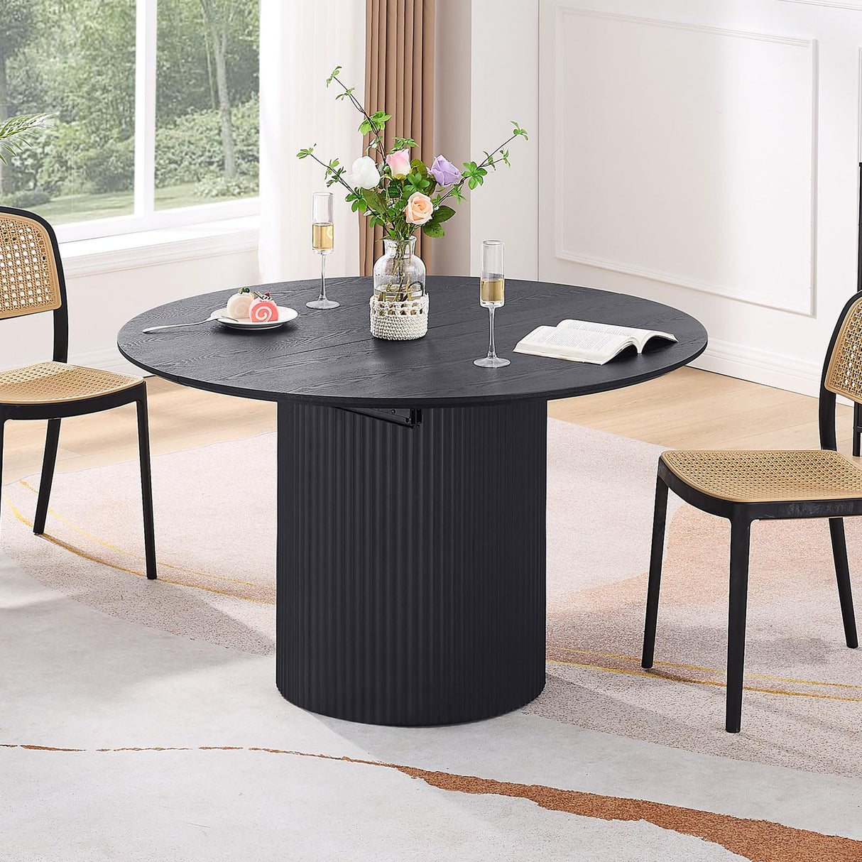 Dining Table, 86.61" to 47.24" Expandable Table for 4 to 8, Modern Extendable Kitchen Table, Round to Large Oval Solid Wood Table Furniture for Dining Room Kitchen Leisure Living Room Apartment, Black HanStrong