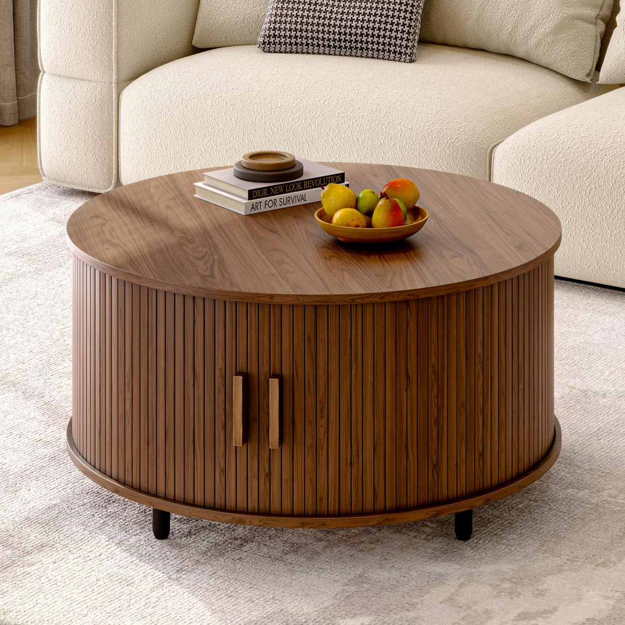 ONBRILL Round Coffee Table with Storage, 31.5" Modern Coffee Table with 360° Curved Sliding Door, Fluted Wood Accent Coffee Table with Adjustable Footpads, Round Center Table for Living Room, Walnut ONBRILL