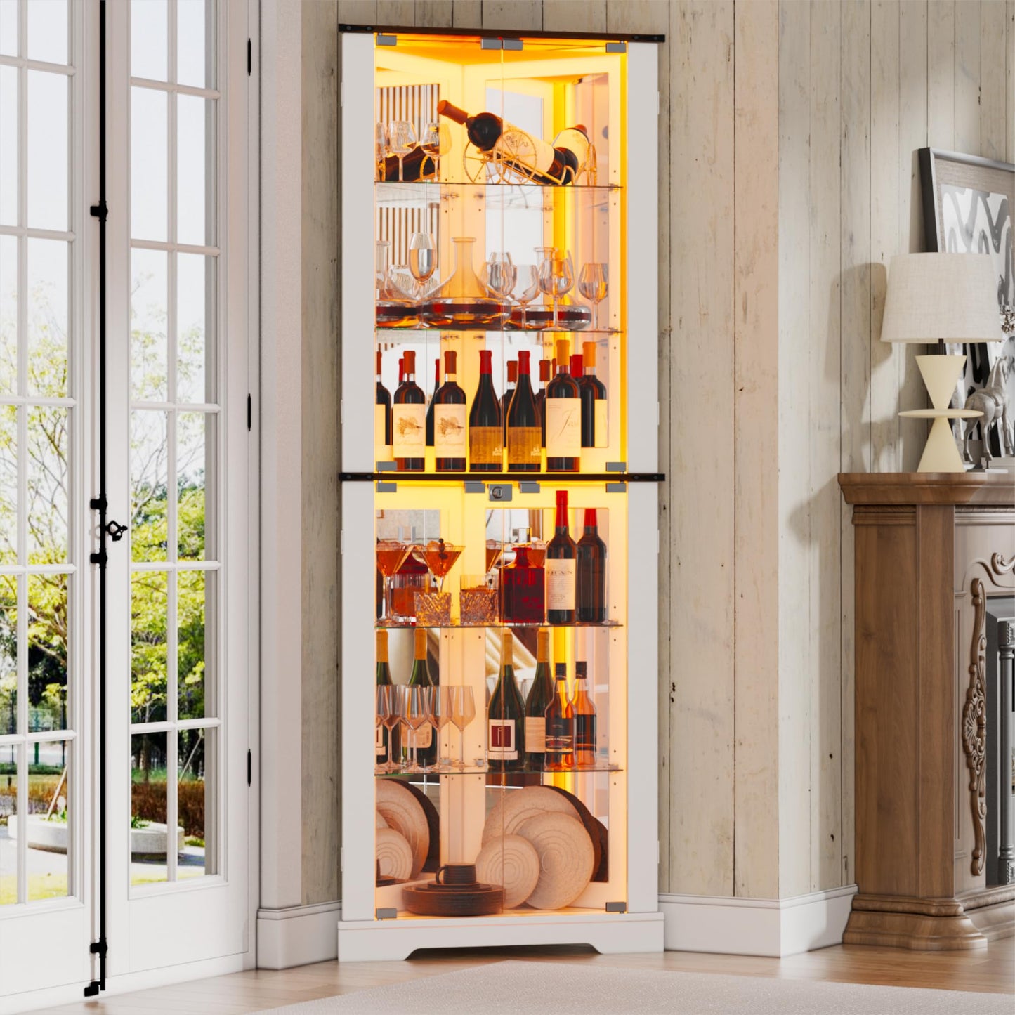 PAKASEPT 71'' Farmhouse Corner Display Curio Cabinet with LED Lights&Tempered Glass Doors,Display Case with Light Strip,Shelves,Floor Standing Liquor Wine Cabinet Storage Rack for Bar,White