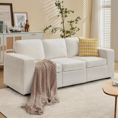 Orcalic 80'' Sofa Couch for Living Room, Mid Century Modern Loveseat Sofa with Side Pocket, 3-Seater Couches for Bedroom, Apartment, Office, Teddy Wool White