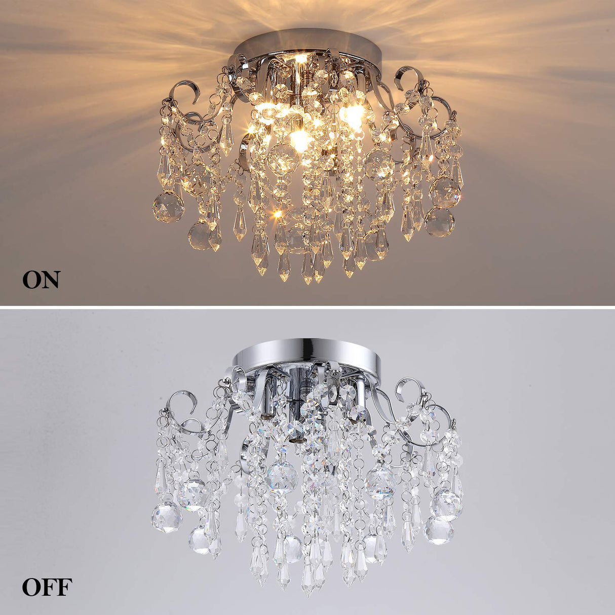 Q&S Small Crystal Chandelier Flush Mount Ceiling Light 3 Lights Modern Chrome Iron Raindrop Crystal Ceiling Fixture for Bedroom Hallway Closet Entryway Stairs Q&S