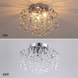 Q&S Small Crystal Chandelier Flush Mount Ceiling Light 3 Lights Modern Chrome Iron Raindrop Crystal Ceiling Fixture for Bedroom Hallway Closet Entryway Stairs Q&S