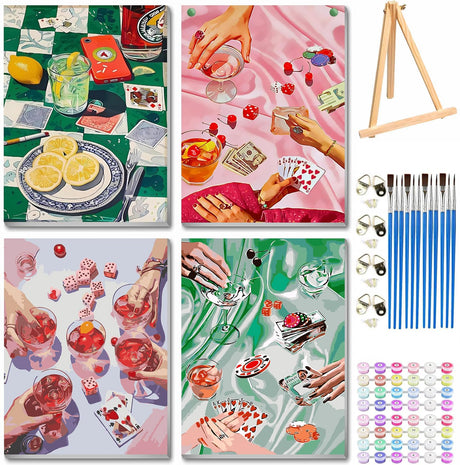 VIGEGU 4 Pack Vintage Poker Paint by Numbers Kit for Adults with Frame,Retro Funny Drinks Paint by Number for Beginner with Wooden Easel DIY Adult Paint by Number Kits for Home Decor 12x16inch VIGEGU