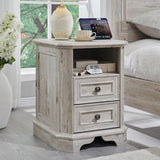 T4TREAM Farmhouse Nightstand with Charging Station, 18" End Table with 2 Drawers, Wood Side Table, Bedside Cabinet for Bedroom, Living Room (Distressed White) T4TREAM