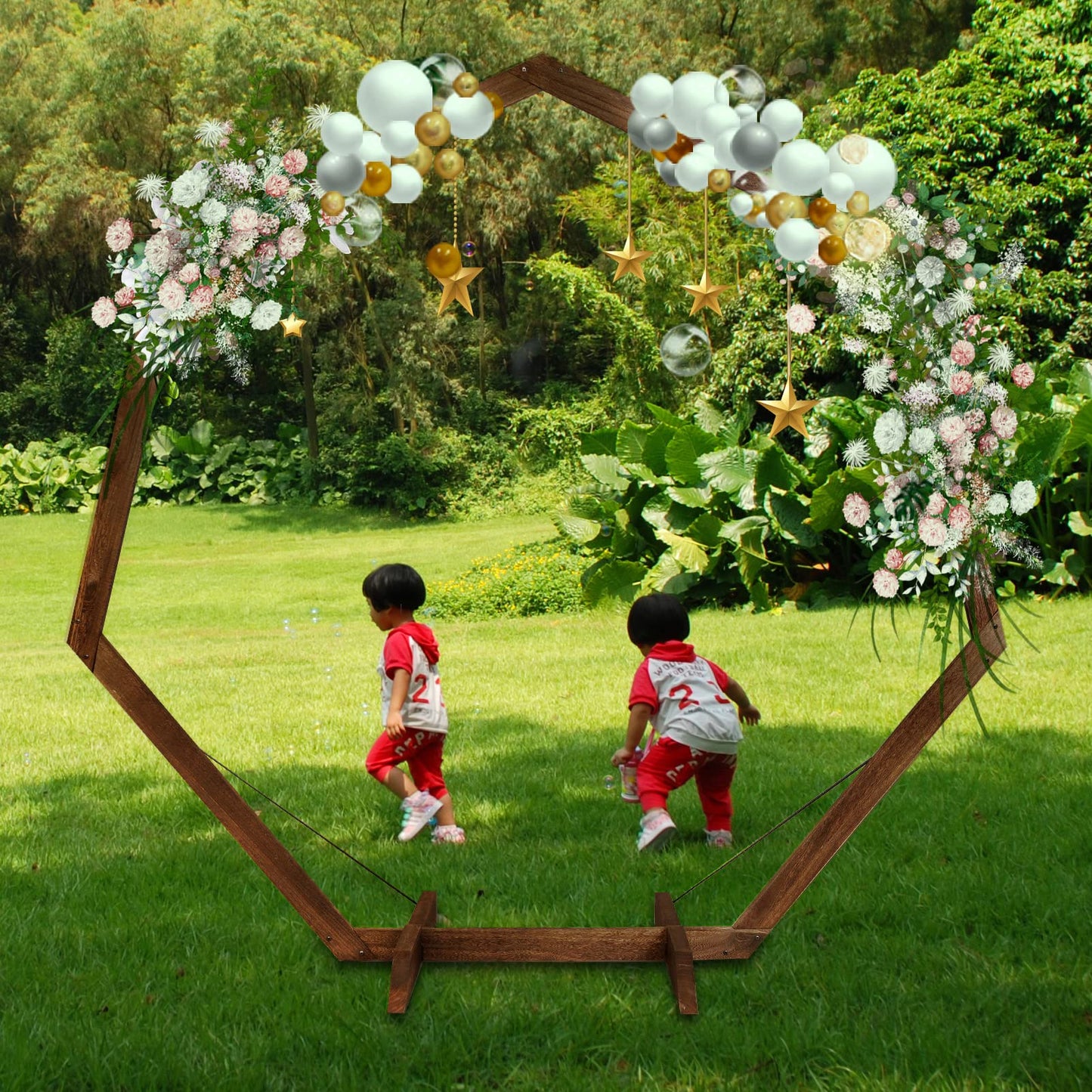 Wedding Garden Arch 7.2FT, Heptagonal Wood Arch for Wedding Ceremony, Wooden Wedding Arbor Backdrop Stand for Wedding, Outside, Parties, Garden, Wooden Arch Rustic Farmhouse Theme Decorations