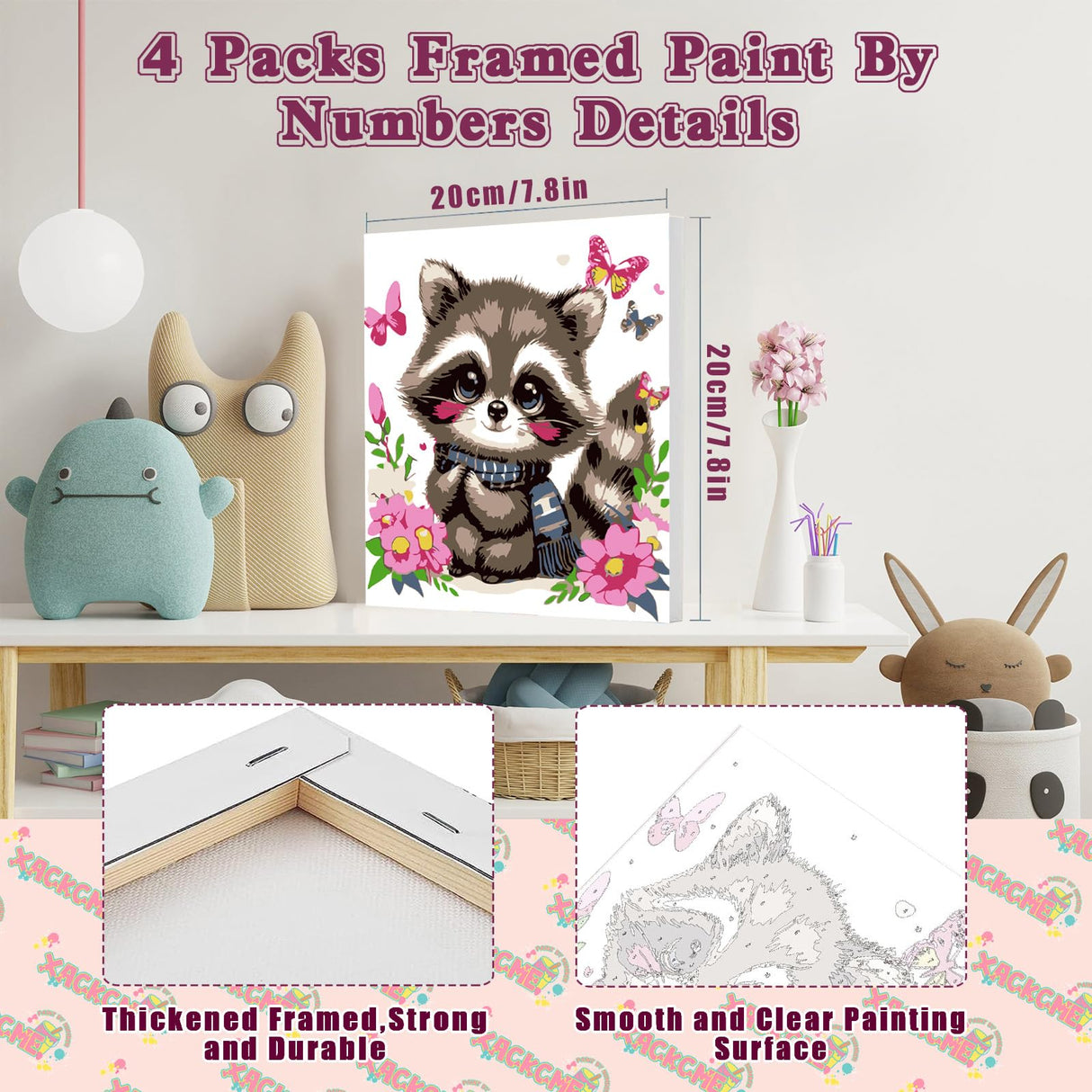 4 Pack Animal Paint by Number for Kids with Wooden Frame, Paint by Numbers for Kids Animals Ages 4-8-12, Easy Owl Fox Hedgehog Raccoon DIY Acrylic Oil Painting Kits for Home Wall Decor (8X8 inch) xackcme
