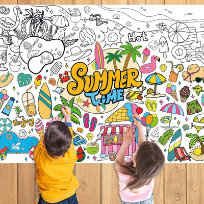 43.3x31.5" Summer Coloring Poster with Picture, Giant Summer Time Painting Poster, Large Coloring Tablecloth for Classroom Home Birthday Party Supplies Favor