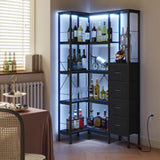 AFLUI Corner Bookshelf with LED Light Strips & 4 Fabric Drawers, 5-Tier Convertible Corner Shelf with Display Shelf, Large Wood Industrial Bookcase for Living Room, Bedroom, Home Office, Black AFLUI