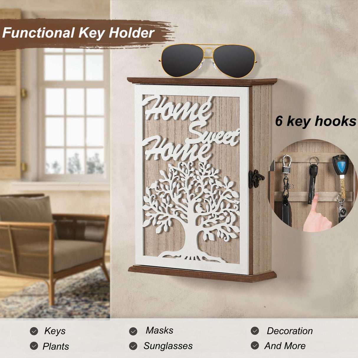 QILICHZ Key Holder Wall Mount,Decorative Key Holder for Wall, Wood Key Box,Wooden Wall Key Holder,Wood Key Rack,Farmhouse Key Rack Wall Mount,6 Hooks for Entryway Doorway Hallway,White QILICHZ