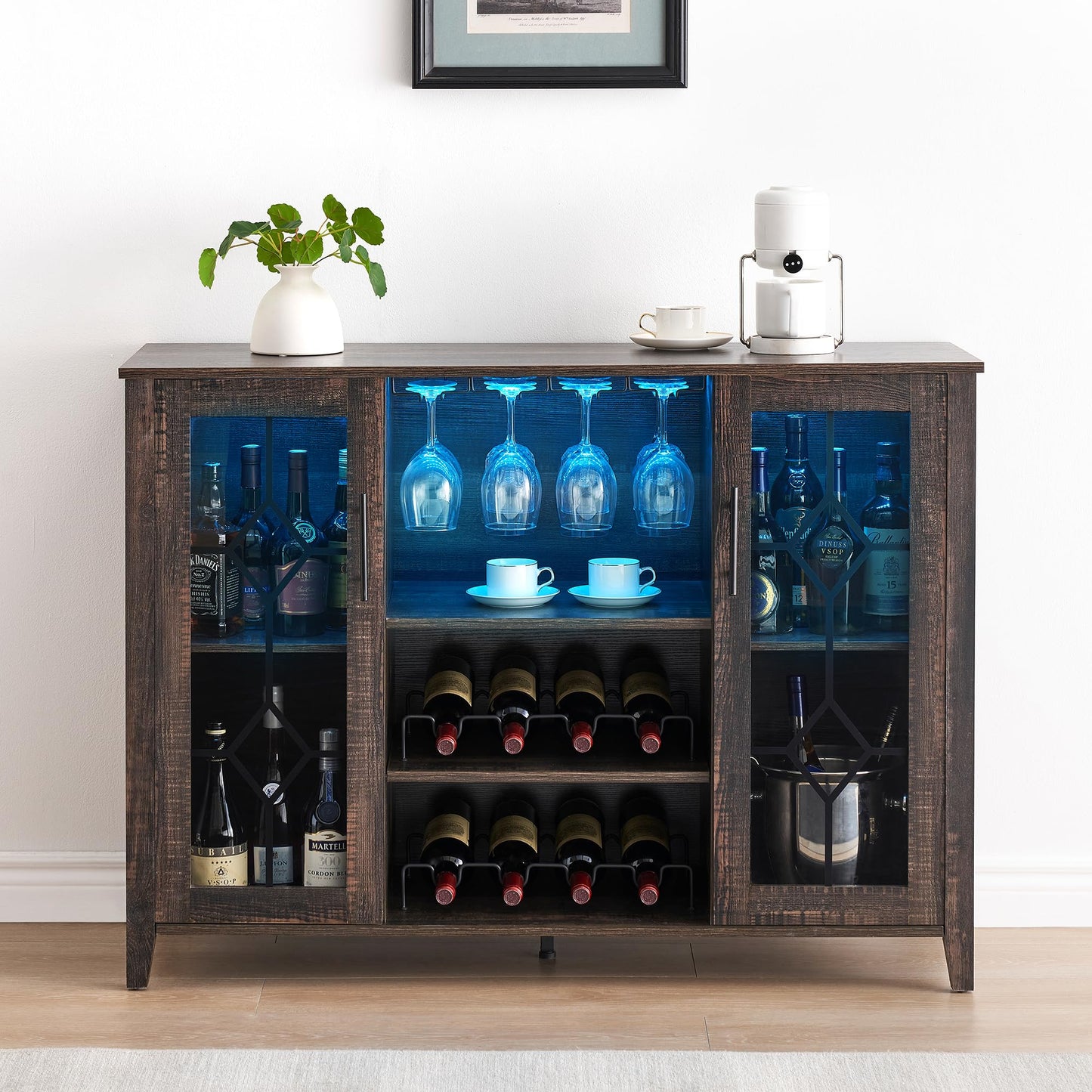 GarveeHome Wine Bar Cabinet with Led Light,Home Coffee Cabinet with Wine and Glass Rack,Kitchen Buffet Sideboard with Storage,Liquor Cabinet for Bar,Dining Room,Kitchen(Dark Rustic Oak) - WoodArtSupply