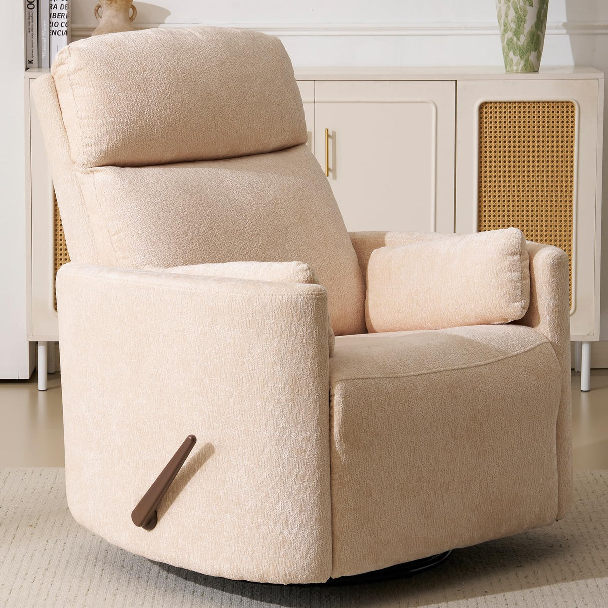 Oversized Swivel Rocker Recliner with Massage and Heat, 26" Swivel Nursery Recliner With Adjustable Headrest, Manual Rocker Recliner Chair with Two Removable Pillows, High Back Barrel Armchair, Beige Rhevoy