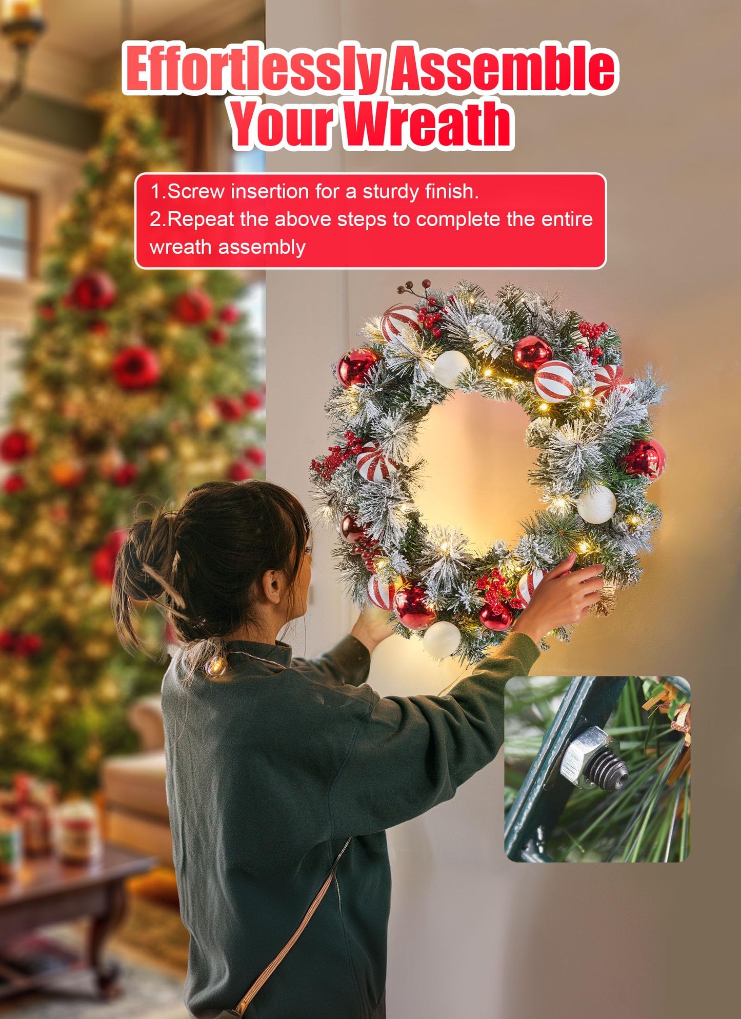 Pre-Lit Artificial Christmas Wreath 24Inch, Christmas Door Decorations Wreath with 50LED Warm Lights, Christmas Balls, Pine Needles, and Red Berries for Front Door Wall Windows X-mas Ornament