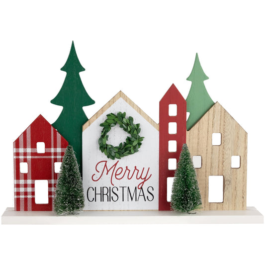 Northlight Wooden Merry Christmas Houses with Trees Decoration - 15" - Red and Green