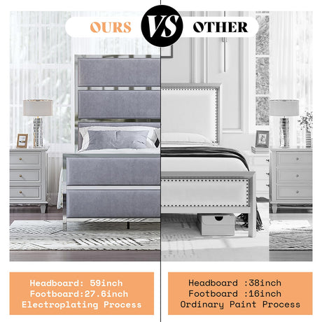 AMERLIFE 59" King Size Bed Frame, Velvet Upholstered Bed with Silver Trim Headboard & Footboard, Channel Tufted Platform Bed Frame, No Box Spring Needed/Light Grey AMERLIFE