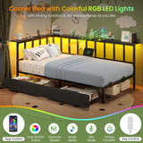 Hasuit Twin Corner Bed Frame with 2 Storage Drawers, Modern Twin Daybed with Charging Station and LED Lights for Kids Teenagers, Metal Platform Bed Frame for Bedroom, Living Room, Guest Room, Black Hasuit