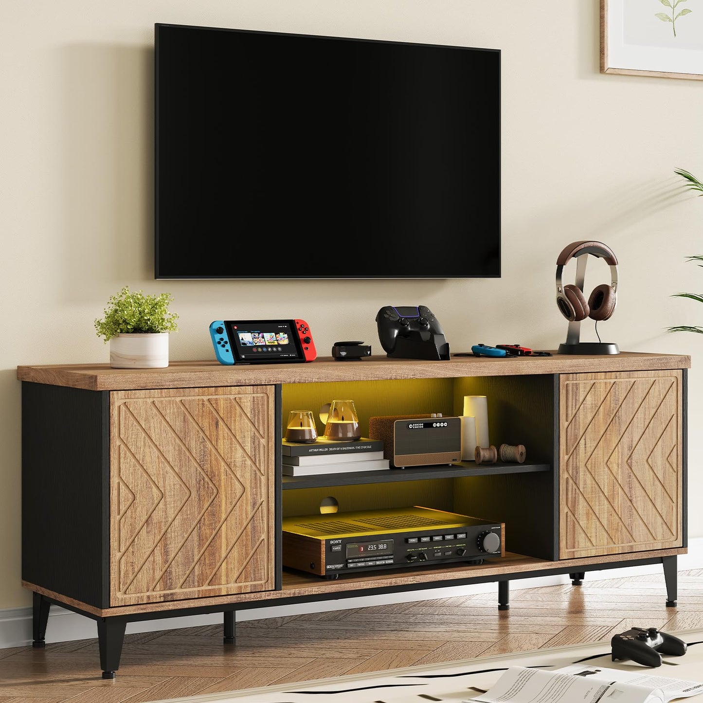 ONBRILL TV Stand for 55/60/65 Inch TV, LED Entertainment Center with Storage Cabinets and Adjustable Shelves, Mid Century Modern Wood TV Media Console for Living Room, Bedroom - WoodArtSupply