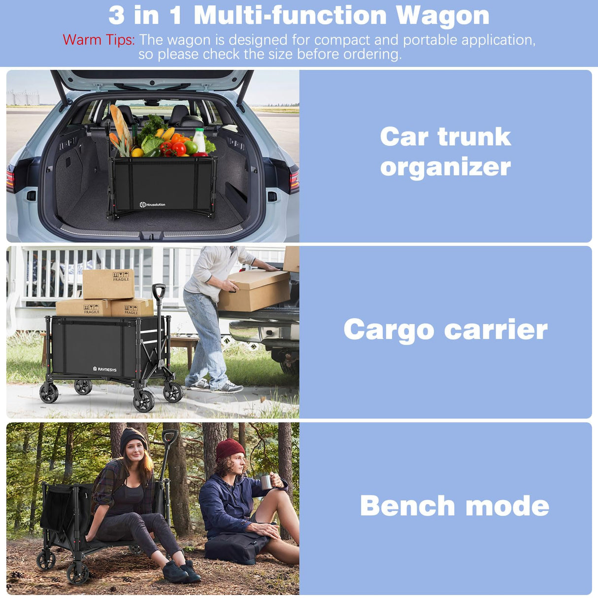 Raynesys 3 in 1 Collapsible Wagon Converts to Bench, 220lbs Foldable Wagon Cart with Wheels, 120L Shopping Cart for Groceries Folding Utility Wagon for Beach, Garden, Camping, Sport, Black Raynesys