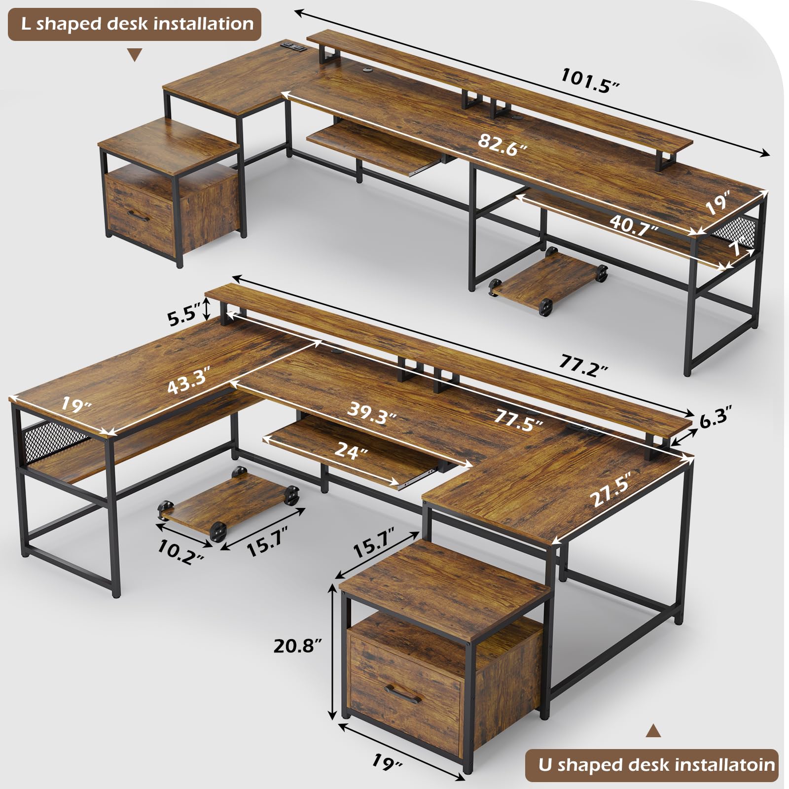 SEDETA U Shaped Desk, Reversible L Shaped Home Office Desk with File Drawer & Power Outlet, 101.5'' Computer Two Person Desk with Monitor Shelf, Keyboard Tray, Gaming Desk, Rustic Brown - WoodArtSupply