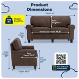 Serta Copenhagen 61" Rolled Arm Sofa, Easy Care Polyester, Soft Pillow Back, Pocket Coil Seat Cushions, Removable Covers, Loveseat or Couch for Small Spaces, Living Rooms or Bedrooms, Dark Brown Serta