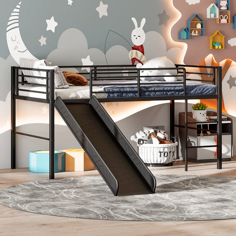 Giantex Twin Loft Bed with Slide, Metal Low Bunk Bed w/Safety Guardrails & Built-in Ladder, Toddler Bed Floor Frame for Boys & Girls, No Box Spring Needed (Black) Giantex