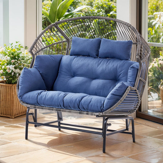 Belord Double Egg Chair Outdoor Glider Loveseat, 550LBS Weight Capacity Wicker Patio Rocking Egg Chairs, Handwoven Rattan Porch Furniture Glider Loveseat for Patio Deck Balcony Sunroom