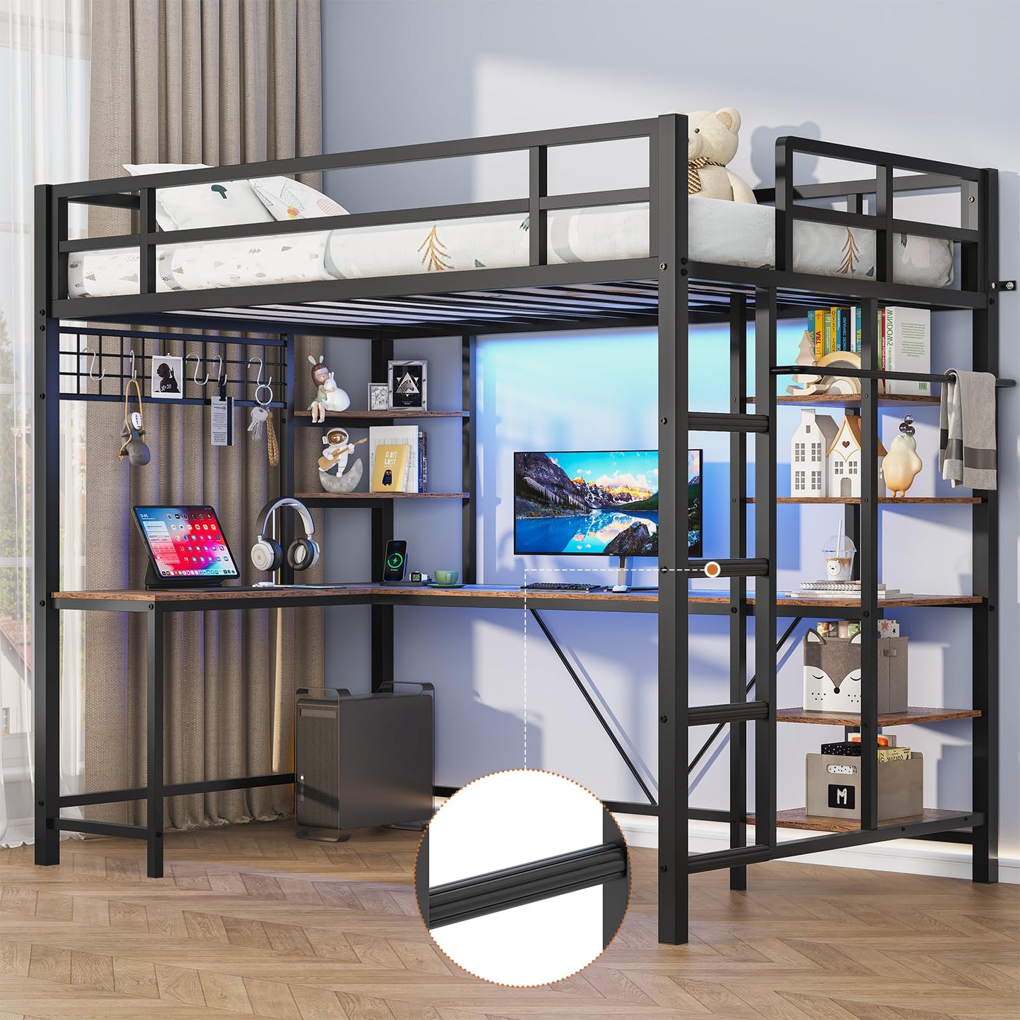 MSmask Loft Bed Twin Size with L Shaped Desk, LED Lights, Charging Station, Heavy Duty Metal Loft Bed Frame with 6 Storage Shelves, Safety Guard & Ladder, No Box Spring Needed, No Noise, Black