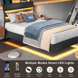 Feonase Twin Floating Bed Frame with Led Lights and Charging Station, Wood Twin Size Bed Frame with Storage Headboard, Heavy Duty Metal Slats, No Box Spring Needed, Easy Assembly, Black Feonase