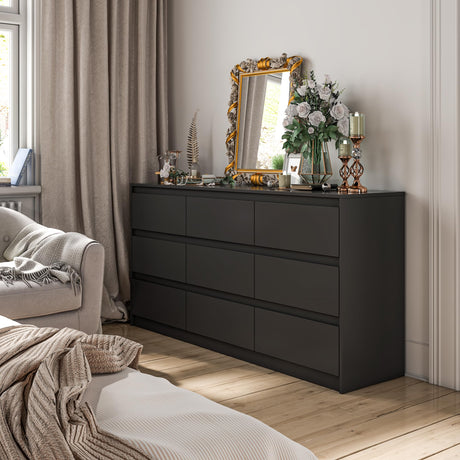 Homsee 9 Drawers Double Dresser, Modern Wood Dresser Chest of Drawers with Large Storage Space for Bedroom, Black (63”L x 15.7”W x 31.5”H) Homsee