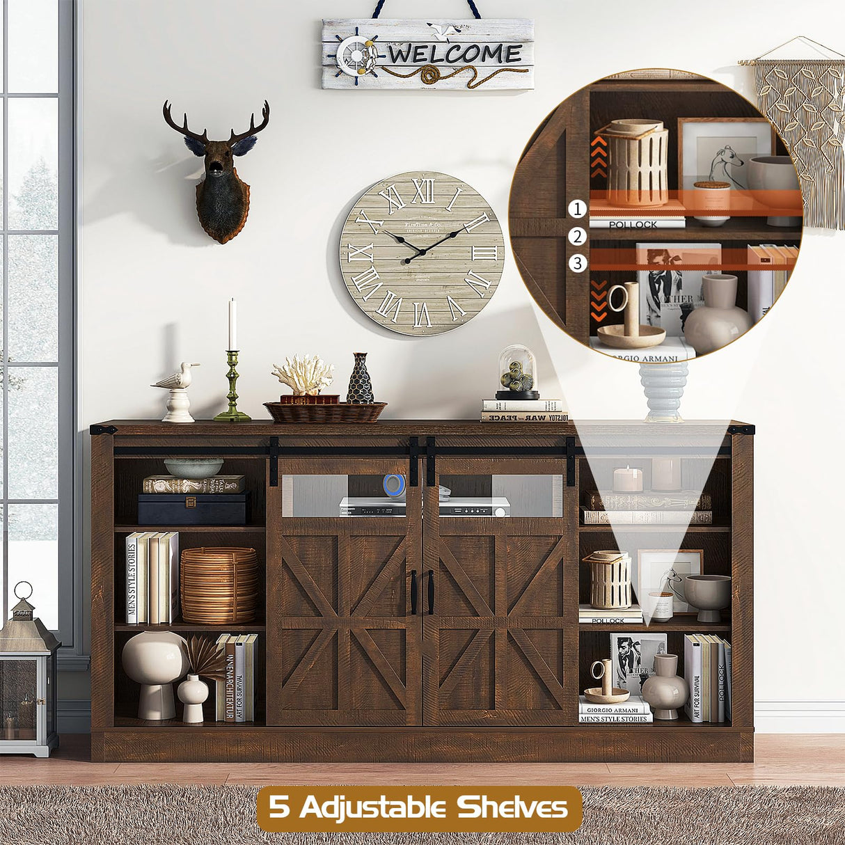 Hlivelood 66" Farmhouse TV Stand with Power Outlets for 75 65 Inch TVs, Entertainment Center with Sliding Barn Door & Large Storage Cabinets w/Adjustable Shelf, 33" Tall TV Media Console, Brown Hlivelood