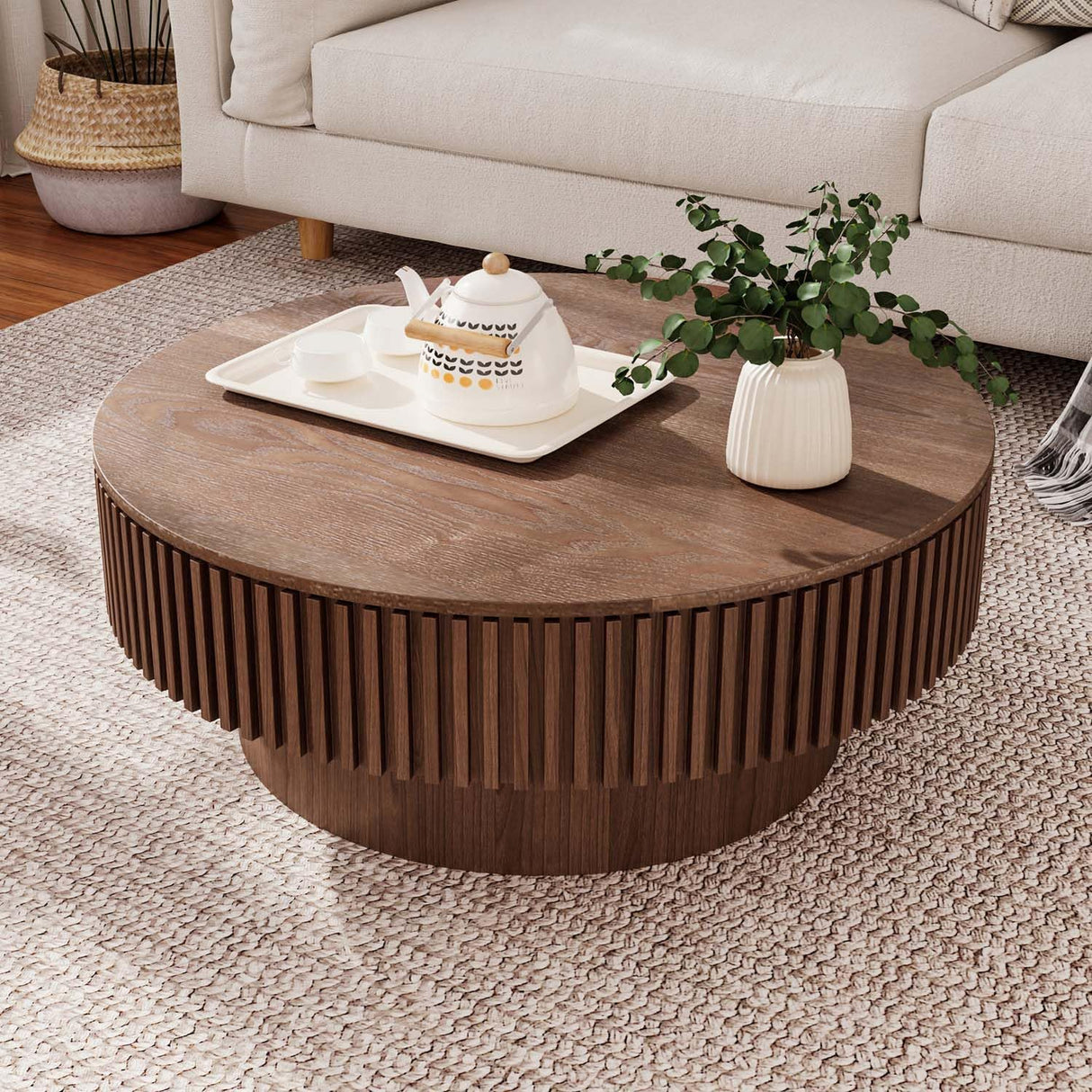 Round Coffee Table with Storage, Modern Wooden Coffee Table with Solid Wood Veneered, Circle Center Table Accent Tea Table for Living Room Apartment Small Space (31.5''L × 31.5''W × 14''H, Walnut) FGXJY